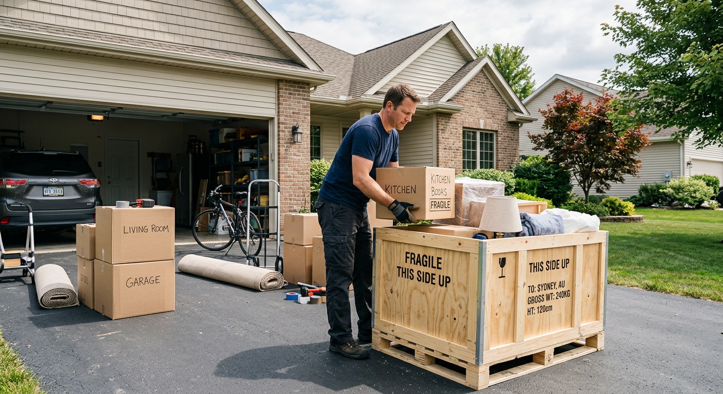 Shipping crate in Vancouver being packed for a household move, with labelled moving boxes