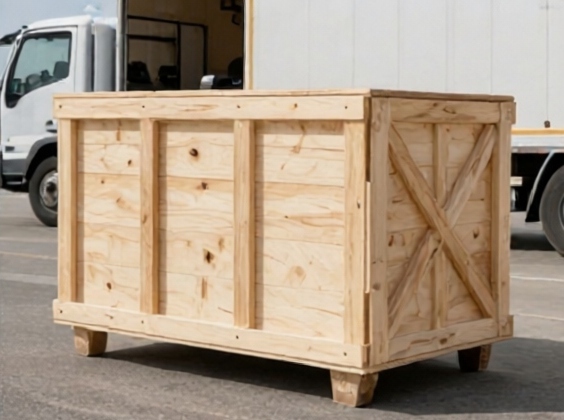 Wooden shipping crate for sale in Vancouver, slatted pine with cross bracing, beside a delivery truck