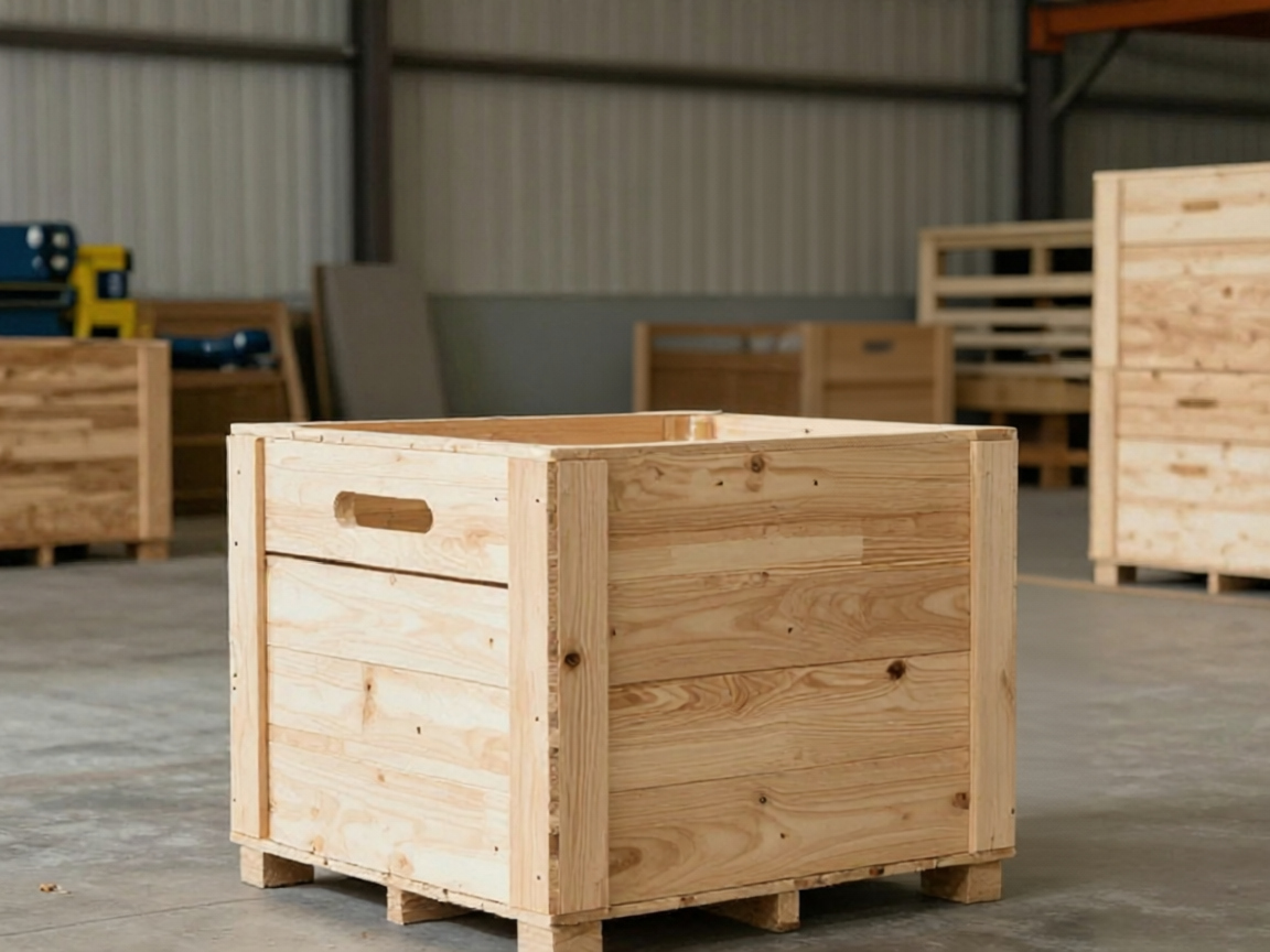 Custom wooden shipping crate on a pallet base with a cut-out hand hold