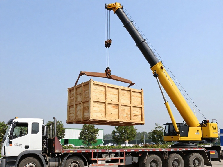 Heavy wooden shipping crate lifted by crane onto a flatbed truck for delivery in BC and Canada